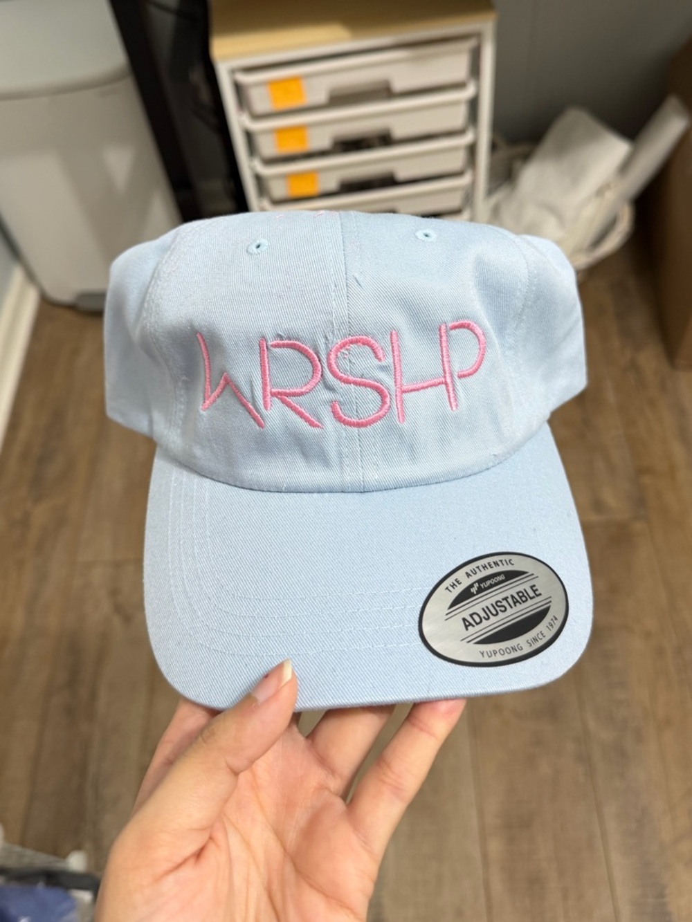 Light Blue Cap with Pink Embroidered 'WRSHP’
